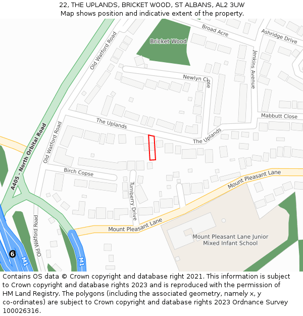 22, THE UPLANDS, BRICKET WOOD, ST ALBANS, AL2 3UW: Location map and indicative extent of plot