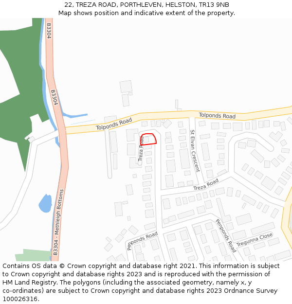 22, TREZA ROAD, PORTHLEVEN, HELSTON, TR13 9NB: Location map and indicative extent of plot