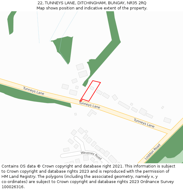 22, TUNNEYS LANE, DITCHINGHAM, BUNGAY, NR35 2RQ: Location map and indicative extent of plot