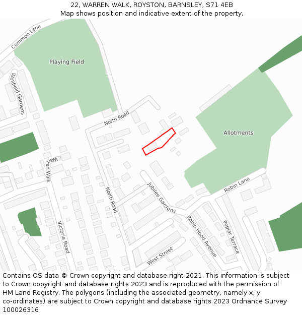 22, WARREN WALK, ROYSTON, BARNSLEY, S71 4EB: Location map and indicative extent of plot