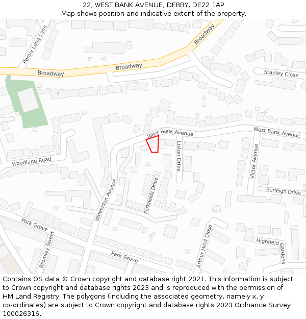 22, WEST BANK AVENUE, DERBY, DE22 1AP: Location map and indicative extent of plot