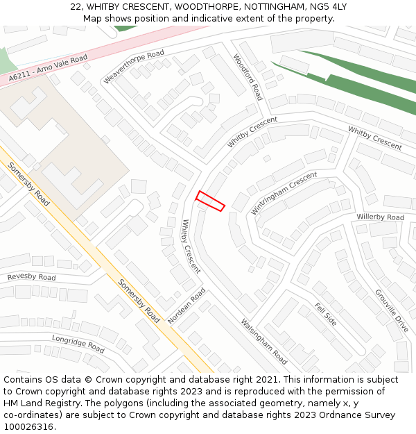 22, WHITBY CRESCENT, WOODTHORPE, NOTTINGHAM, NG5 4LY: Location map and indicative extent of plot