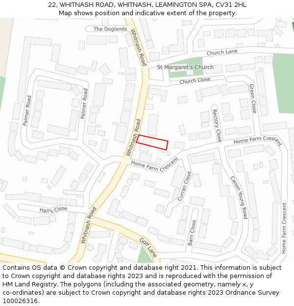 22, WHITNASH ROAD, WHITNASH, LEAMINGTON SPA, CV31 2HL: Location map and indicative extent of plot