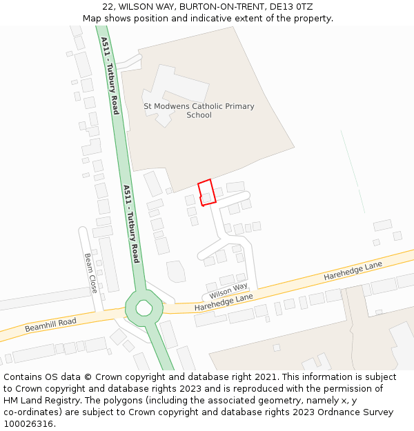 22, WILSON WAY, BURTON-ON-TRENT, DE13 0TZ: Location map and indicative extent of plot