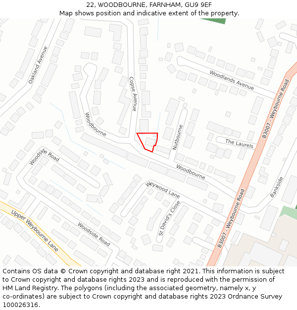 22, WOODBOURNE, FARNHAM, GU9 9EF: Location map and indicative extent of plot