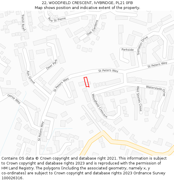 22, WOODFIELD CRESCENT, IVYBRIDGE, PL21 0FB: Location map and indicative extent of plot