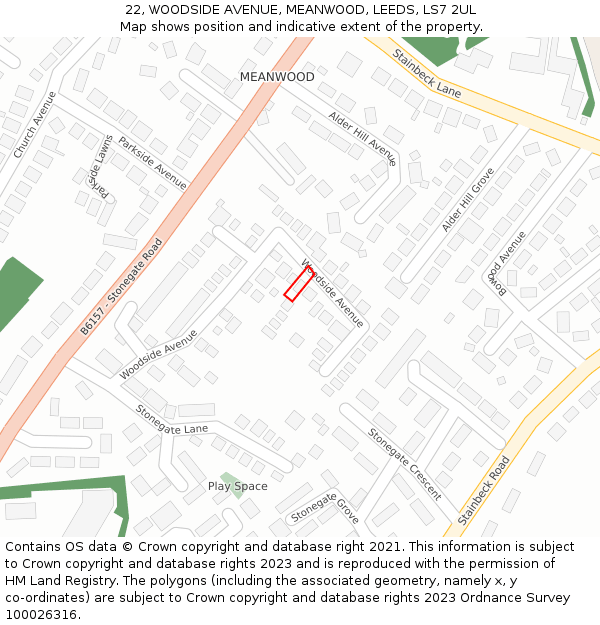 22, WOODSIDE AVENUE, MEANWOOD, LEEDS, LS7 2UL: Location map and indicative extent of plot