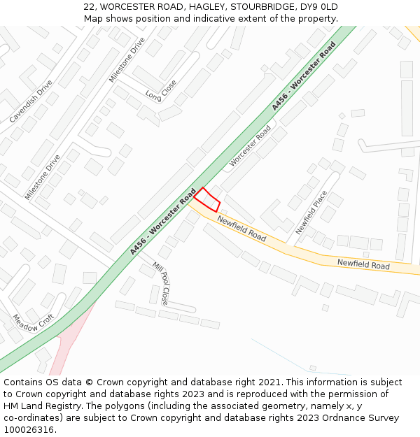 22, WORCESTER ROAD, HAGLEY, STOURBRIDGE, DY9 0LD: Location map and indicative extent of plot