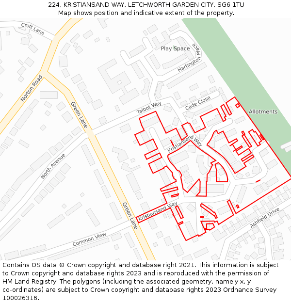 224, KRISTIANSAND WAY, LETCHWORTH GARDEN CITY, SG6 1TU: Location map and indicative extent of plot