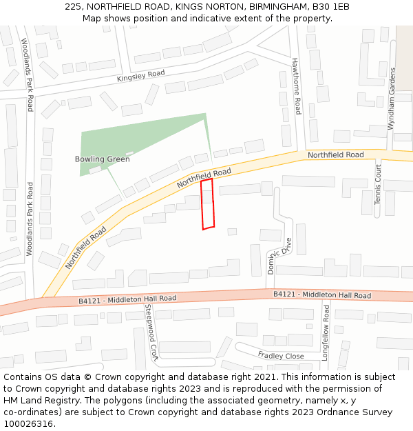 225, NORTHFIELD ROAD, KINGS NORTON, BIRMINGHAM, B30 1EB: Location map and indicative extent of plot