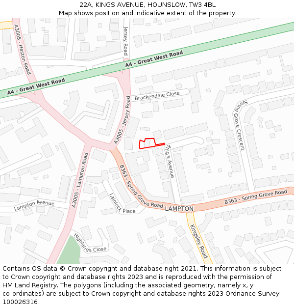 22A, KINGS AVENUE, HOUNSLOW, TW3 4BL: Location map and indicative extent of plot