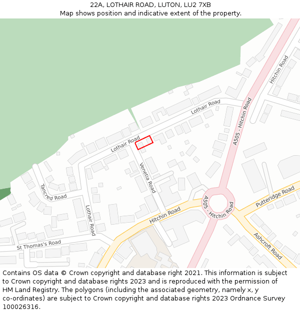 22A, LOTHAIR ROAD, LUTON, LU2 7XB: Location map and indicative extent of plot