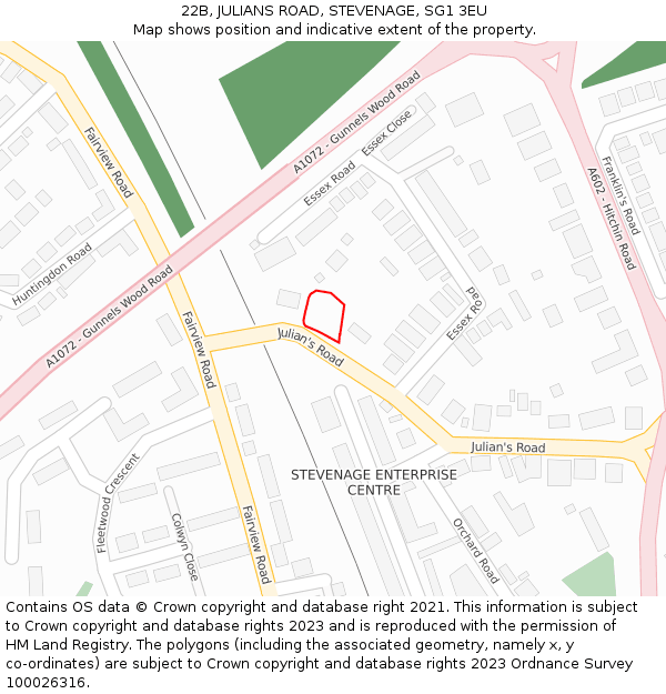 22B, JULIANS ROAD, STEVENAGE, SG1 3EU: Location map and indicative extent of plot