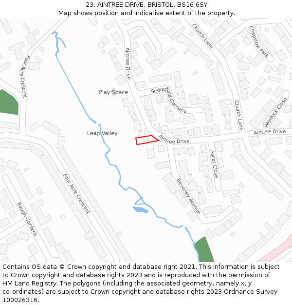 23, AINTREE DRIVE, BRISTOL, BS16 6SY: Location map and indicative extent of plot