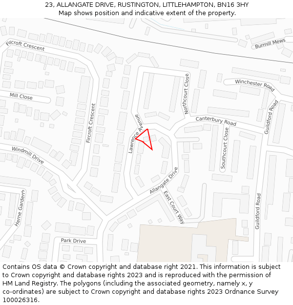 23, ALLANGATE DRIVE, RUSTINGTON, LITTLEHAMPTON, BN16 3HY: Location map and indicative extent of plot