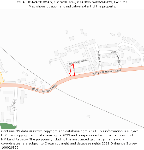 23, ALLITHWAITE ROAD, FLOOKBURGH, GRANGE-OVER-SANDS, LA11 7JR: Location map and indicative extent of plot