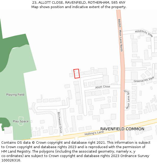 23, ALLOTT CLOSE, RAVENFIELD, ROTHERHAM, S65 4NY: Location map and indicative extent of plot