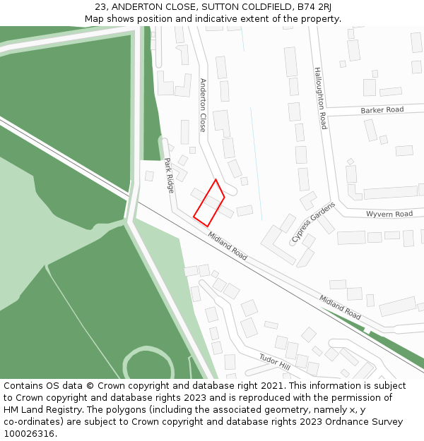 23, ANDERTON CLOSE, SUTTON COLDFIELD, B74 2RJ: Location map and indicative extent of plot