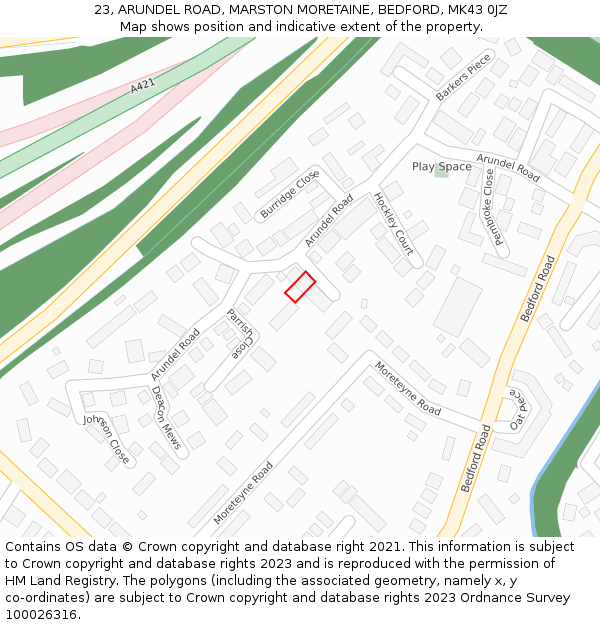 23, ARUNDEL ROAD, MARSTON MORETAINE, BEDFORD, MK43 0JZ: Location map and indicative extent of plot