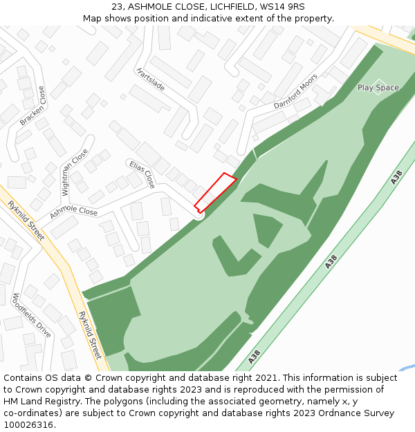 23, ASHMOLE CLOSE, LICHFIELD, WS14 9RS: Location map and indicative extent of plot