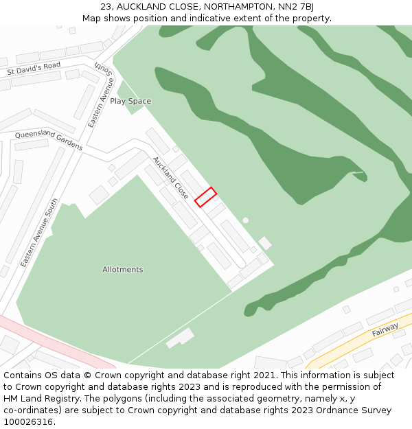 23, AUCKLAND CLOSE, NORTHAMPTON, NN2 7BJ: Location map and indicative extent of plot