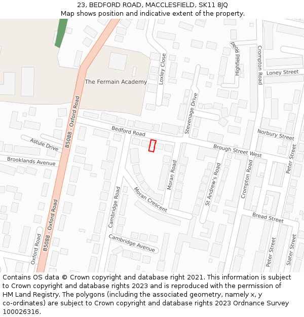 23, BEDFORD ROAD, MACCLESFIELD, SK11 8JQ: Location map and indicative extent of plot