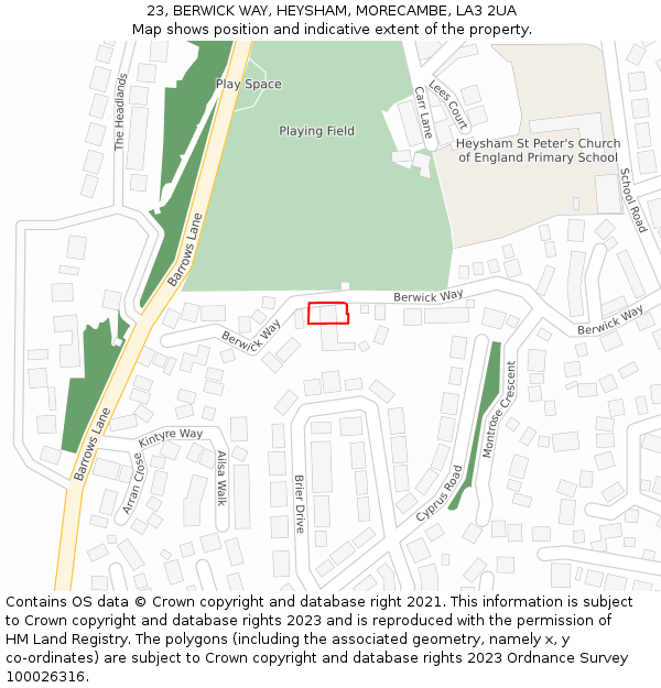 23, BERWICK WAY, HEYSHAM, MORECAMBE, LA3 2UA: Location map and indicative extent of plot