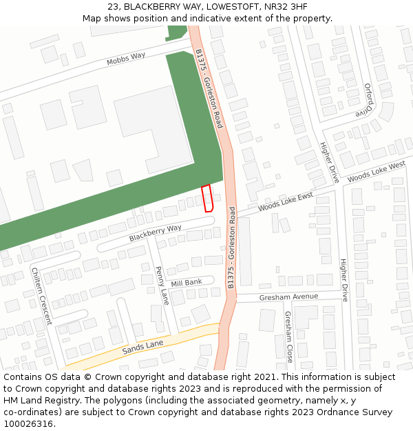 23, BLACKBERRY WAY, LOWESTOFT, NR32 3HF: Location map and indicative extent of plot