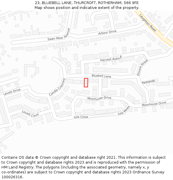 23, BLUEBELL LANE, THURCROFT, ROTHERHAM, S66 9FE: Location map and indicative extent of plot