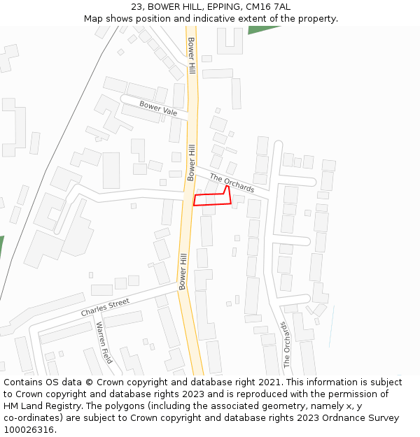 23, BOWER HILL, EPPING, CM16 7AL: Location map and indicative extent of plot