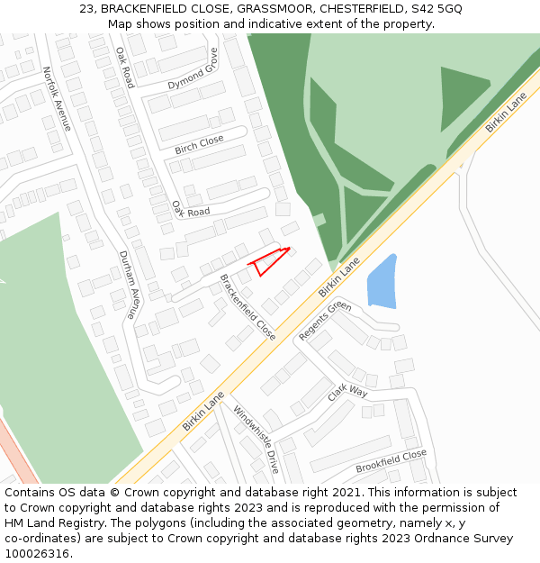 23, BRACKENFIELD CLOSE, GRASSMOOR, CHESTERFIELD, S42 5GQ: Location map and indicative extent of plot