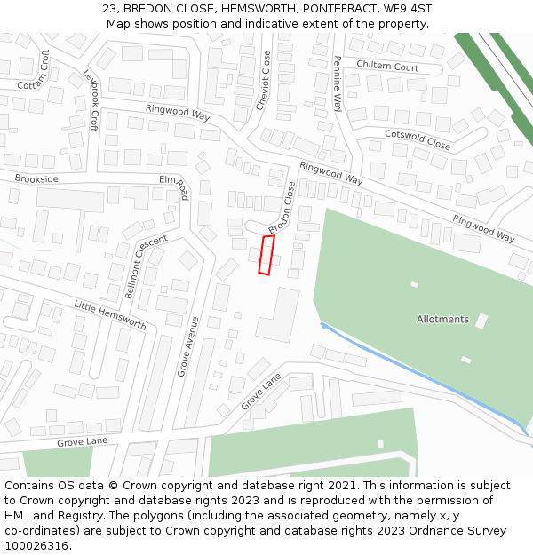 23, BREDON CLOSE, HEMSWORTH, PONTEFRACT, WF9 4ST: Location map and indicative extent of plot