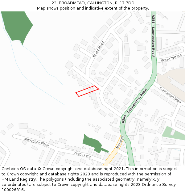 23, BROADMEAD, CALLINGTON, PL17 7DD: Location map and indicative extent of plot