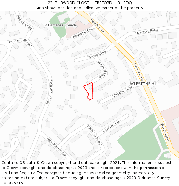 23, BURWOOD CLOSE, HEREFORD, HR1 1DQ: Location map and indicative extent of plot