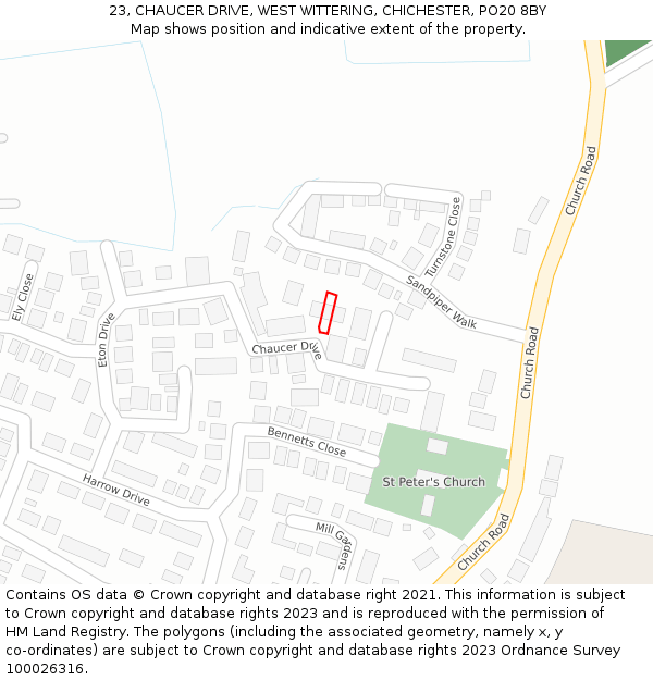 23, CHAUCER DRIVE, WEST WITTERING, CHICHESTER, PO20 8BY: Location map and indicative extent of plot