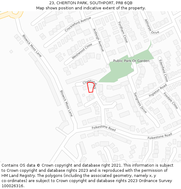 23, CHERITON PARK, SOUTHPORT, PR8 6QB: Location map and indicative extent of plot