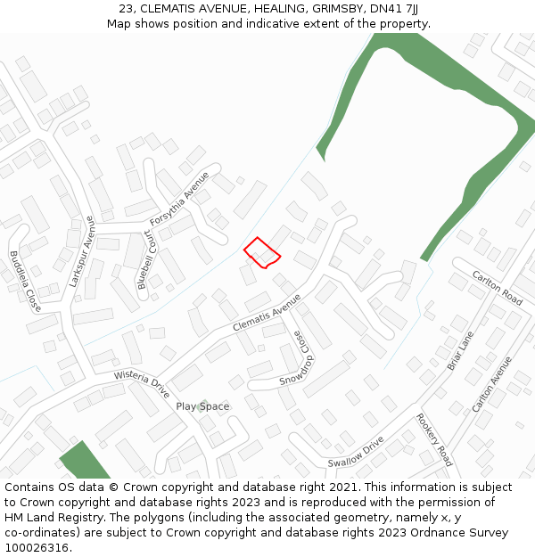 23, CLEMATIS AVENUE, HEALING, GRIMSBY, DN41 7JJ: Location map and indicative extent of plot