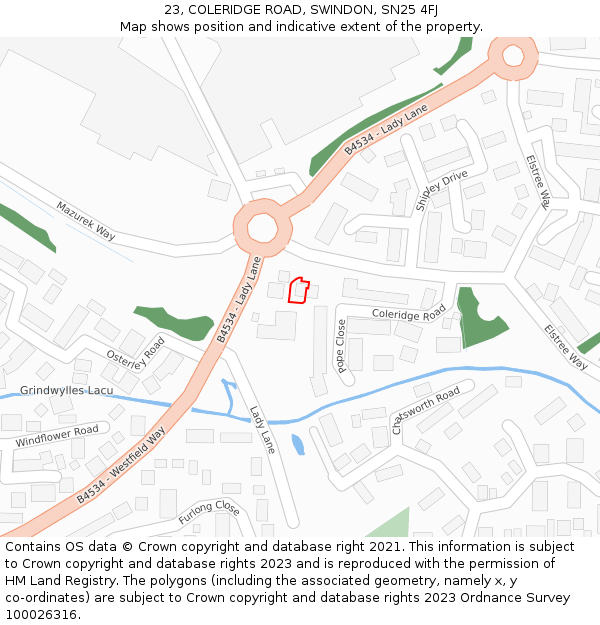 23, COLERIDGE ROAD, SWINDON, SN25 4FJ: Location map and indicative extent of plot