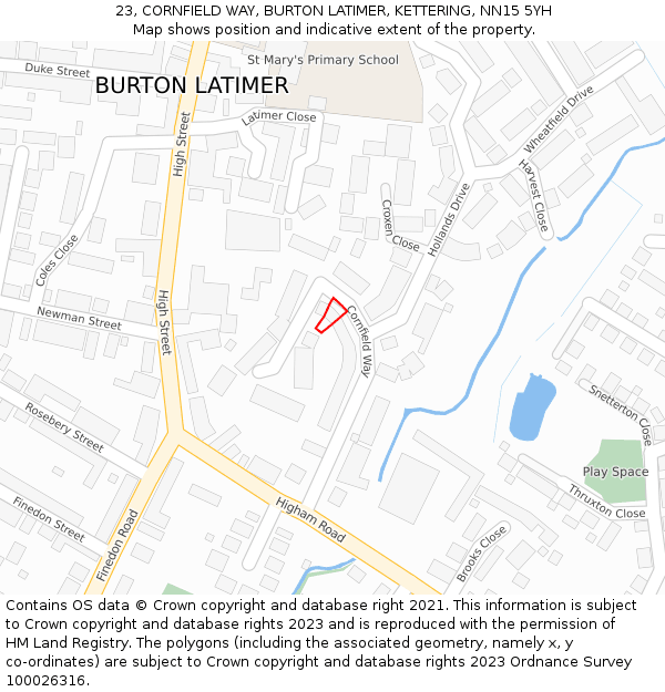 23, CORNFIELD WAY, BURTON LATIMER, KETTERING, NN15 5YH: Location map and indicative extent of plot