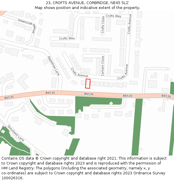 23, CROFTS AVENUE, CORBRIDGE, NE45 5LZ: Location map and indicative extent of plot