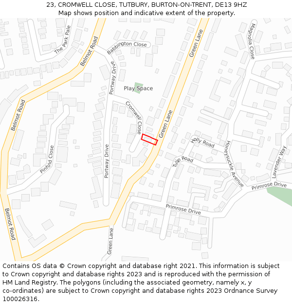 23, CROMWELL CLOSE, TUTBURY, BURTON-ON-TRENT, DE13 9HZ: Location map and indicative extent of plot