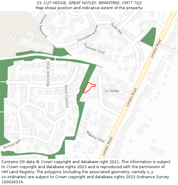 23, CUT HEDGE, GREAT NOTLEY, BRAINTREE, CM77 7QZ: Location map and indicative extent of plot