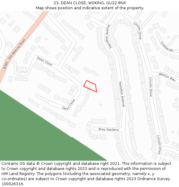 23, DEAN CLOSE, WOKING, GU22 8NX: Location map and indicative extent of plot