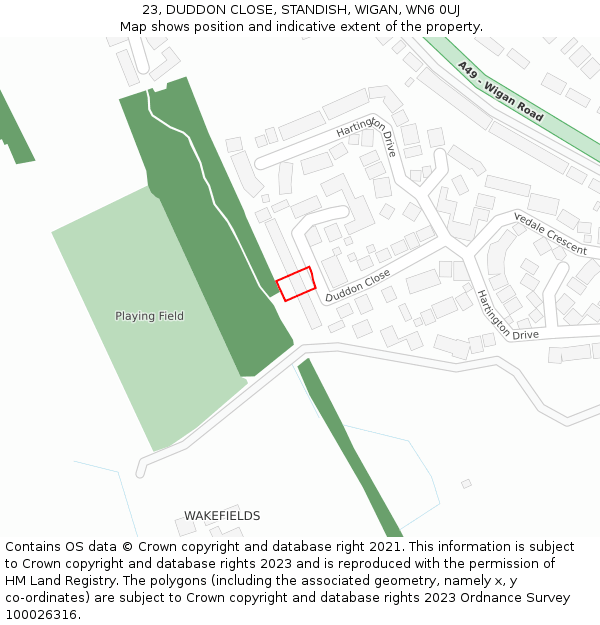 23, DUDDON CLOSE, STANDISH, WIGAN, WN6 0UJ: Location map and indicative extent of plot