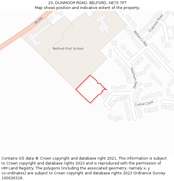 23, DUNMOOR ROAD, BELFORD, NE70 7PT: Location map and indicative extent of plot