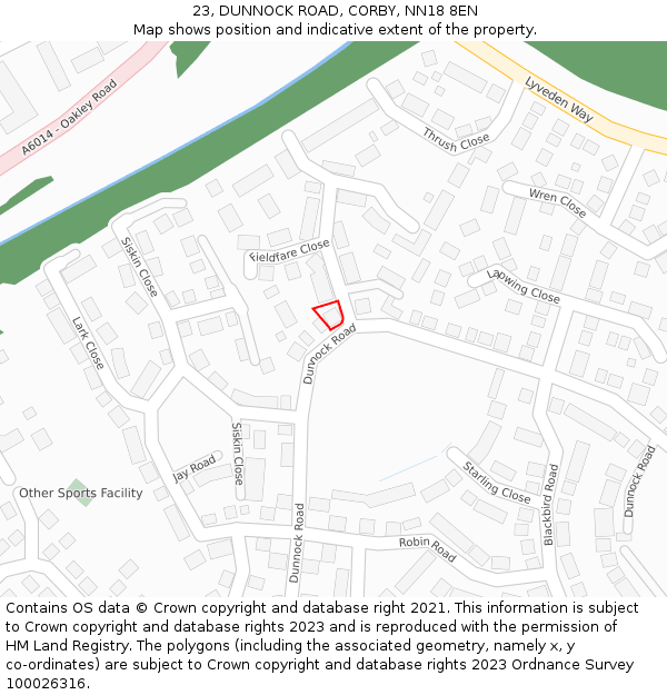 23, DUNNOCK ROAD, CORBY, NN18 8EN: Location map and indicative extent of plot