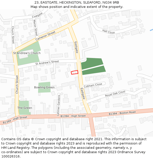 23, EASTGATE, HECKINGTON, SLEAFORD, NG34 9RB: Location map and indicative extent of plot