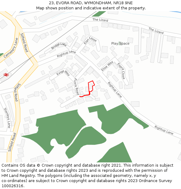 23, EVORA ROAD, WYMONDHAM, NR18 9NE: Location map and indicative extent of plot