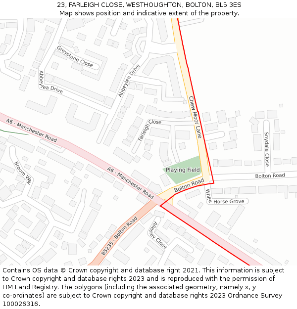 23, FARLEIGH CLOSE, WESTHOUGHTON, BOLTON, BL5 3ES: Location map and indicative extent of plot