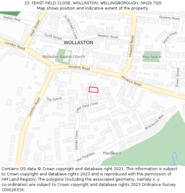 23, FEAST FIELD CLOSE, WOLLASTON, WELLINGBOROUGH, NN29 7QG: Location map and indicative extent of plot